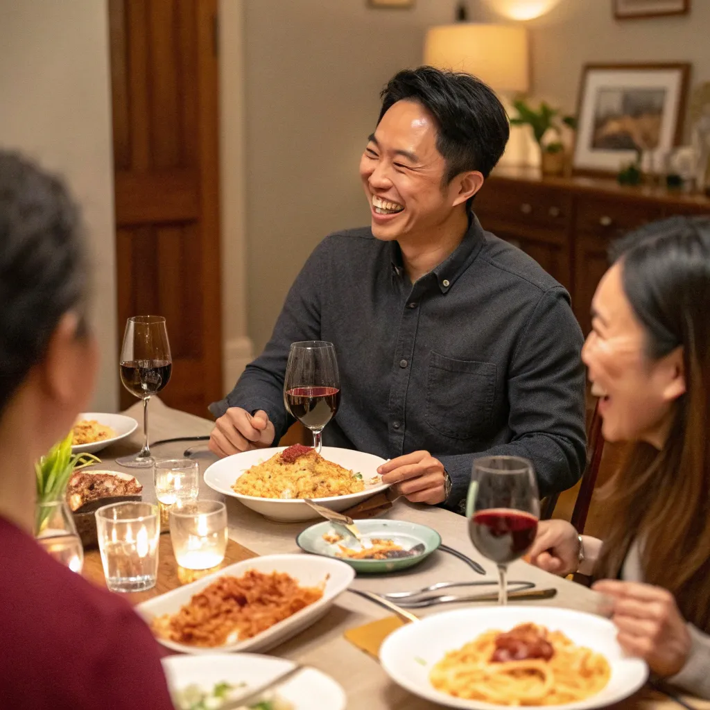 Michael Chen enjoying a pasta party with friends and family