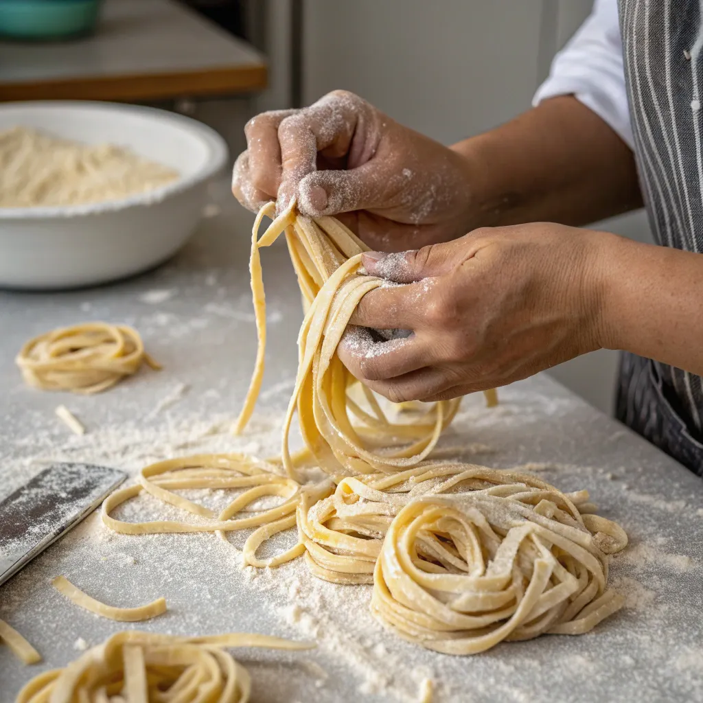 Hands crafting fresh pasta