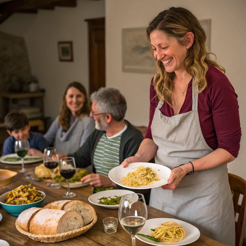 Rebecca Edwards serving homemade pasta at a family dinner
