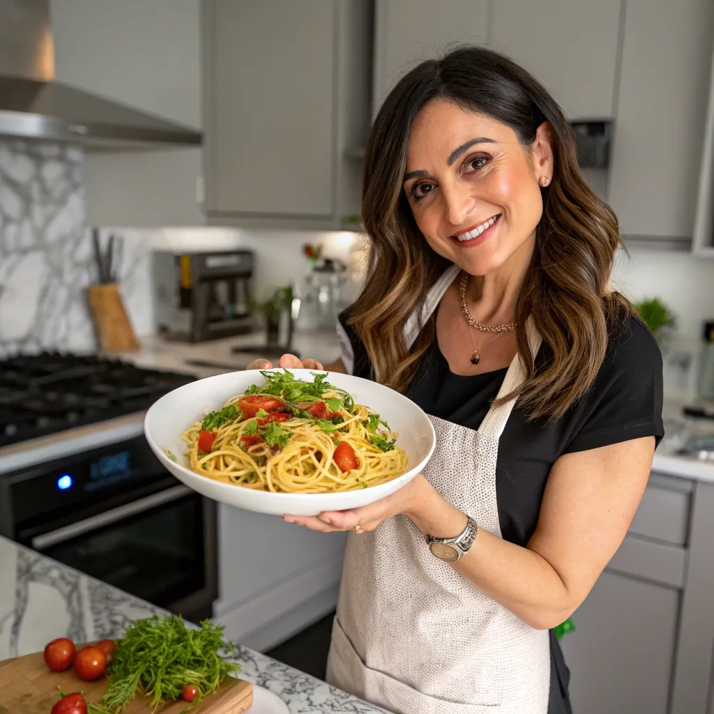 Samantha Reynolds displaying her pasta masterpiece in a chic kitchen